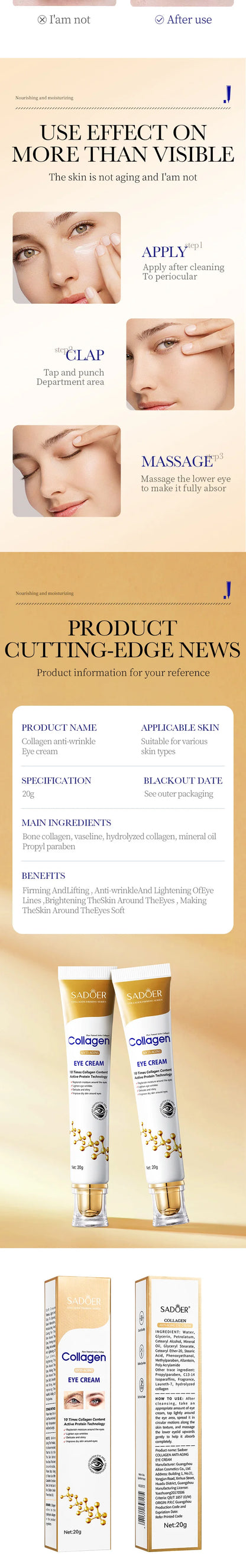 SADOER Collagen Eye Cream Retinol Eye Cream Anti Dark Circles Eye Bag Firming Skin Moisturizing Skincare Skin Care for Eyes Care