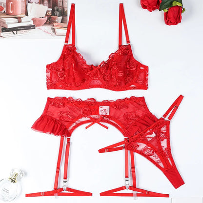 JSY Sexy Lingerie Women Underwear Set Red Embroidery Lace Bra And Pant Garter Set Skirt Babydoll Erotic Brief Set Porno Costume