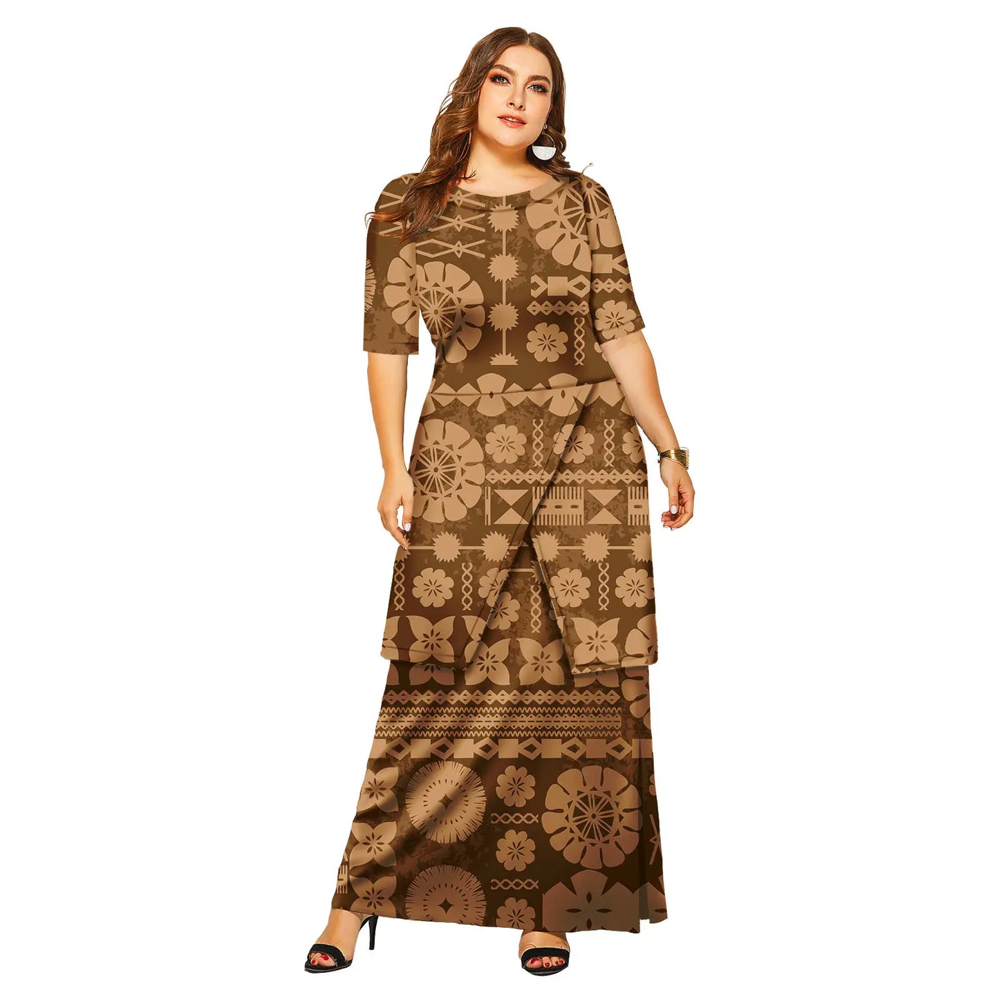 Luxury Polynesian Design Puletasi Samoa Fashion Short Sleeve Dress Women Island Dresses Maxi Ladies Two Piece Skirt Set