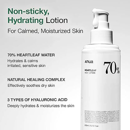 Anua Heartleaf 70 Lotion, Face Moisturizer with Hyaluronic Acid for Sensitive Skin, Lightweight, Korean Skin Care
