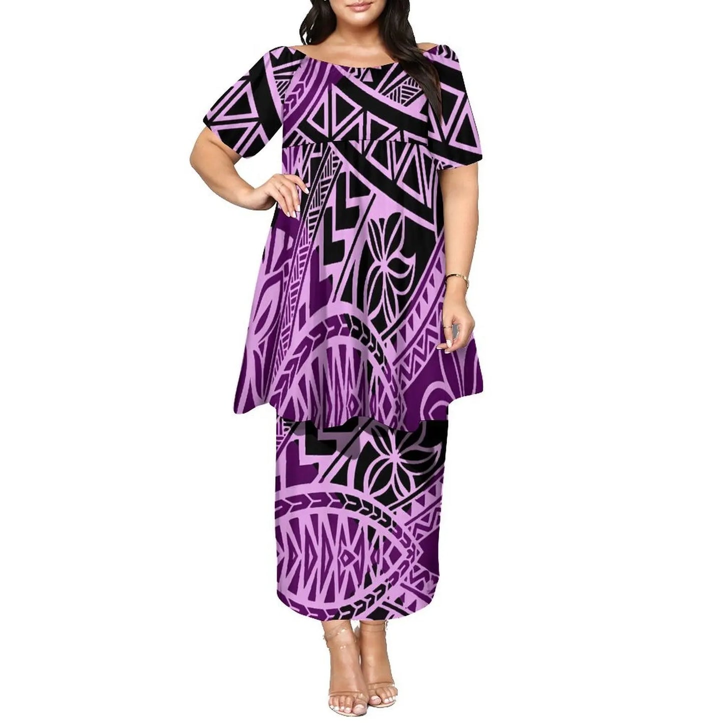 Newly Designed Women'S Round-Neck Top And Fitted Long Dress Polynesian Island-Style Pattern Pacific Puletasi Suit