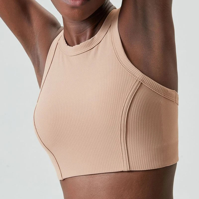 High Impact Fitness Yoga Bra Super Stretch Round Neck Gym Crop Top Ribbed Fabric Sleeveless Running Vest Female Sportswear