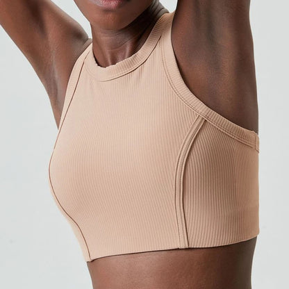 High Impact Fitness Yoga Bra Super Stretch Round Neck Gym Crop Top Ribbed Fabric Sleeveless Running Vest Female Sportswear