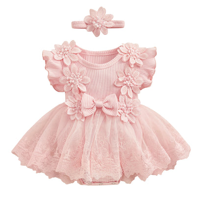 3D Flower Summer Baby Girls Romper Princess Mesh Newborn Clothes Lace Patchwork Ruffle Bodysuit Dress Headband Kids Clothing