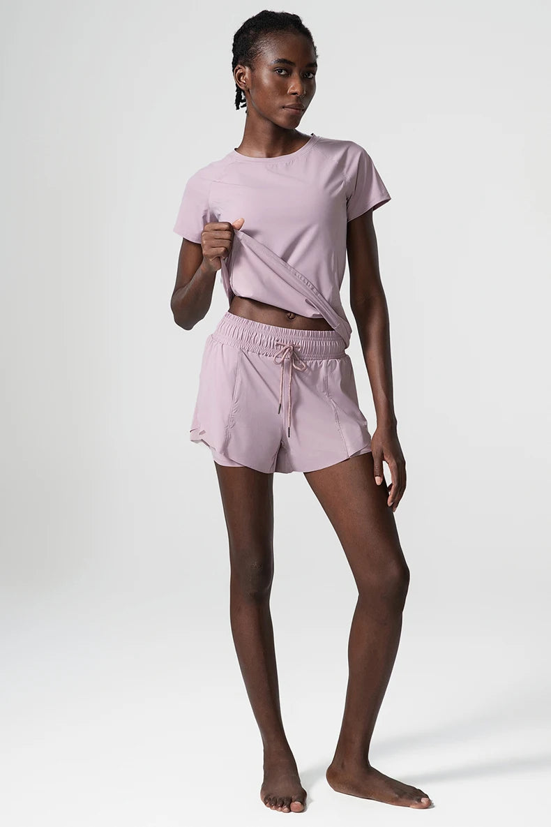 Women Summer Short Sportswear Solid Color Two Pieces Fitness Yoga Set Breathable Quick Dry Gym Suit Loose Workout Clothes