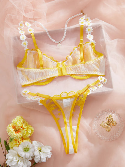 Ladies' youthful and beautiful yellow daisy summer semi transparent embroidered underwear, cute and sweet style, adjustable shou
