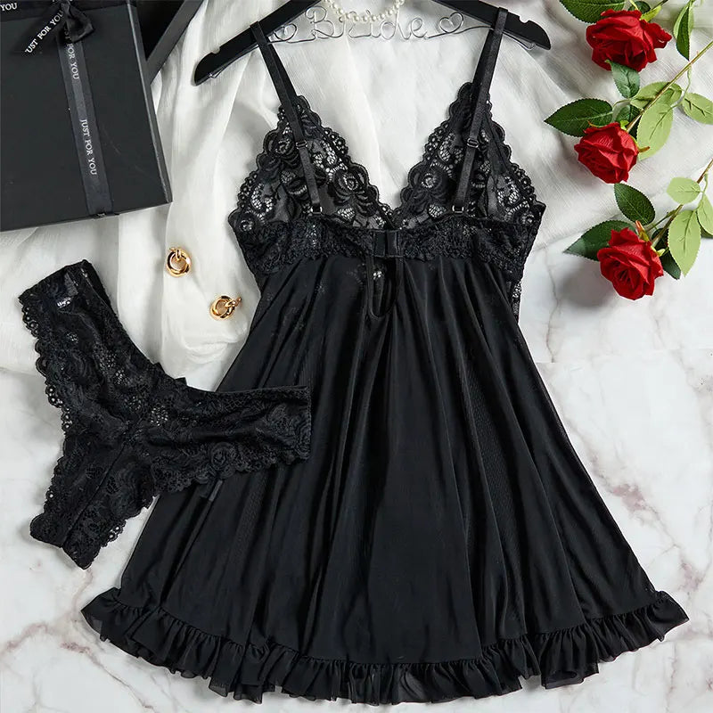 A Set Of Tulle Ultra Sexy Nightgown V-neck Bra Open Sleep Skirt Night Erotic Dress Woman Sheer Pajamas Lingerie Pants Luxury kit