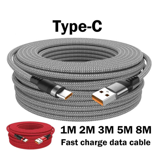 6A Braided USB-C Cable (1m–8m) – Fast Charging Samsung, Huawei, PS5