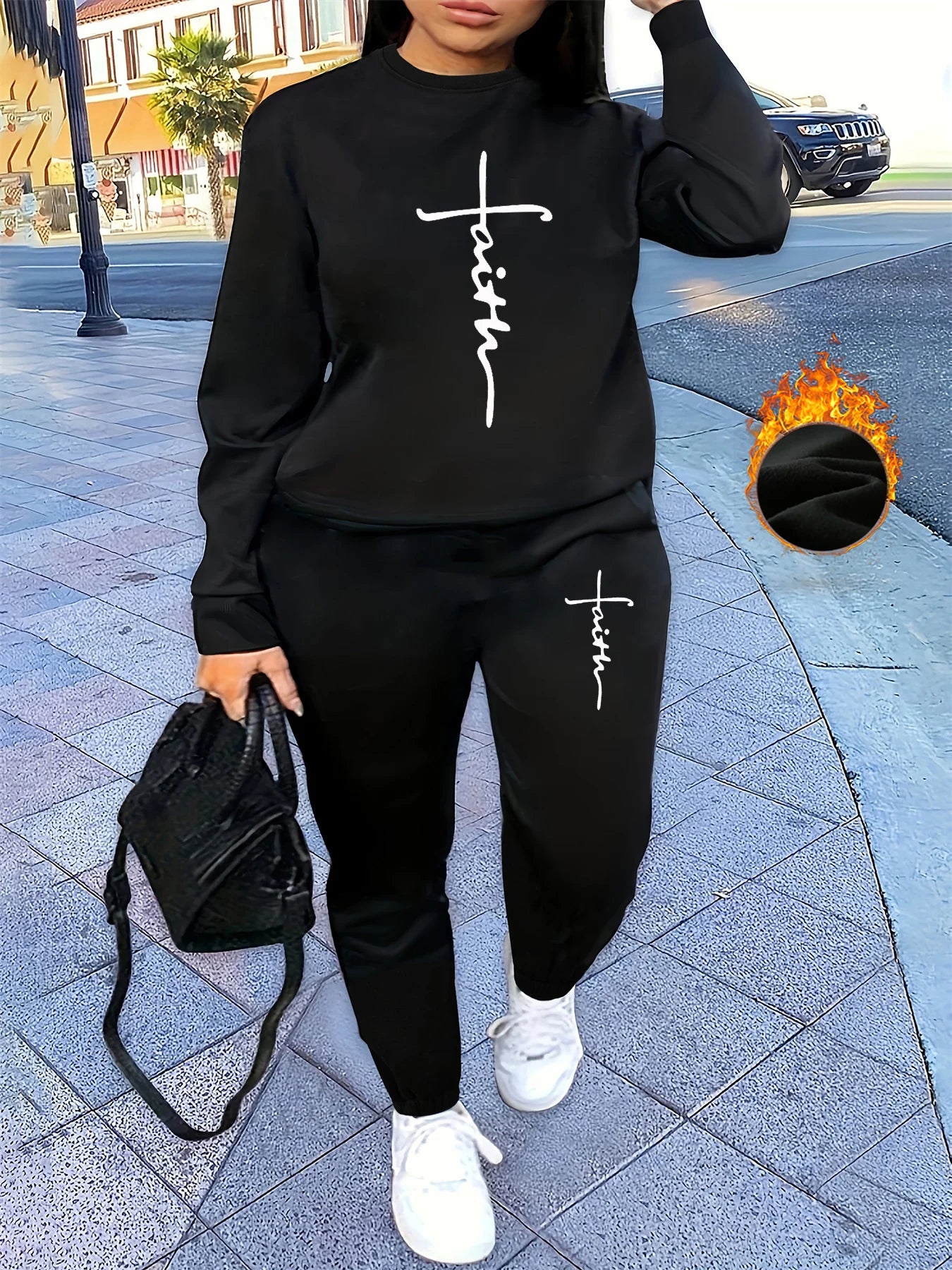 Women's autumn and winter hip-hop casual street cross graphic printed round neck sports shirt+sports pants set warm clothing