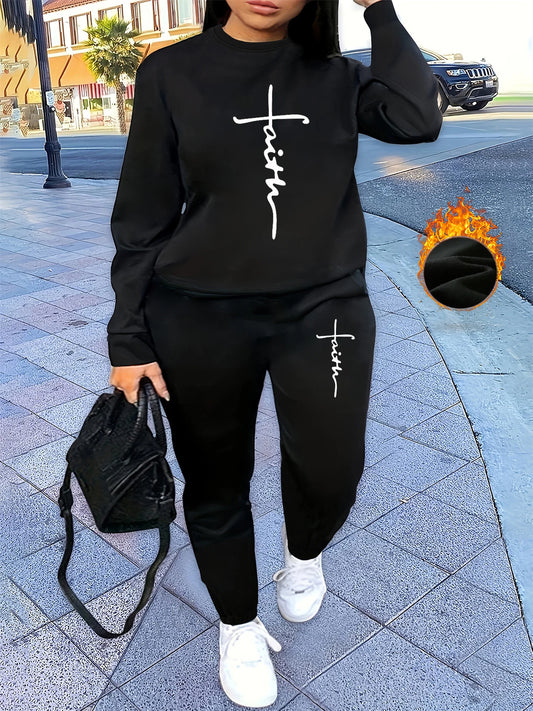 Women's autumn and winter hip-hop casual street cross graphic printed round neck sports shirt+sports pants set warm clothing