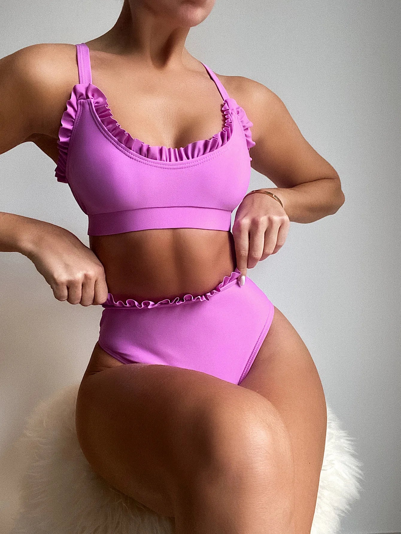 Bikini 2025 Sexy Swimwear Swimsuit Women Solid Ruffled High Waist Bikinis Set Bathing Suit Bikini Taille Haute Biquinis Feminino