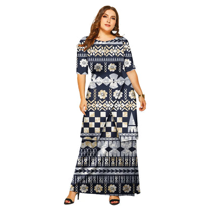 Luxury Polynesian Design Puletasi Samoa Fashion Short Sleeve Dress Women Island Dresses Maxi Ladies Two Piece Skirt Set