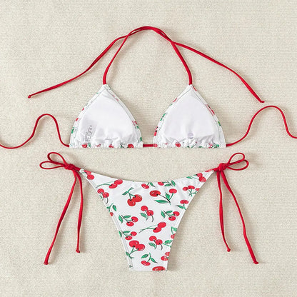 Women's Cherry Print Two Piece Swimsuit Sexy Triangle Bra Mini Bikini Set Suspender Halter Backless Beach Vacation Swimwear 2025