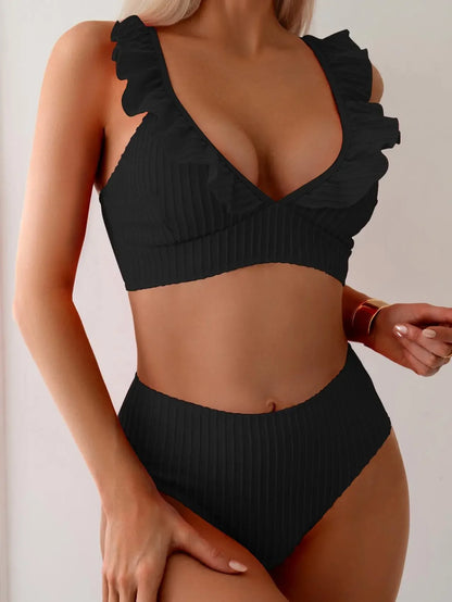 Vintage Ruffles Bikini Set Women Sexy Black V Neck Push Up Ribbed High Waist Swimwear 2025 Beach Bathing Suit Two Piece Swimsuit
