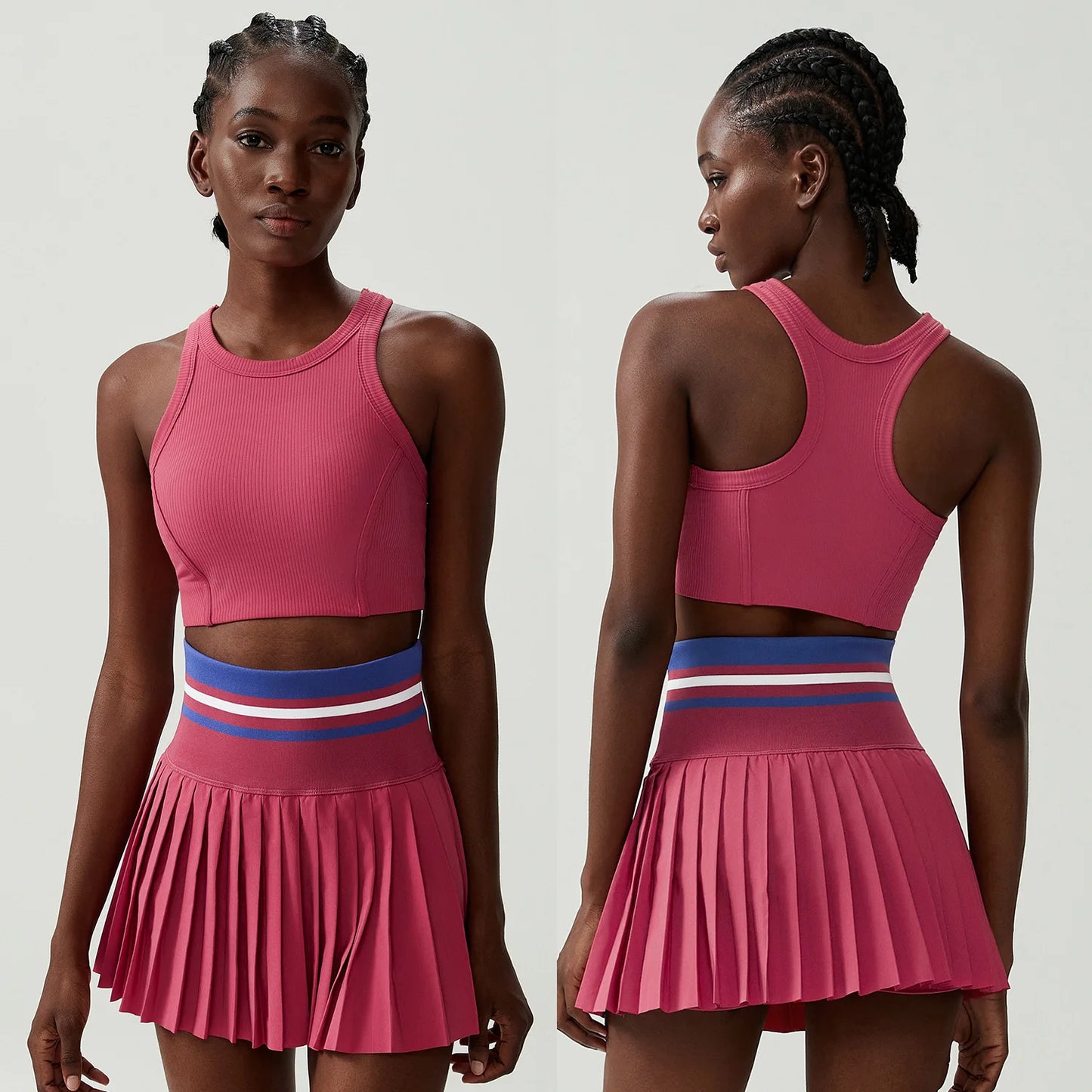 Women Short Sportswear Two Pieces Fitness Yoga Set High Waist Tennis Skirt Crop Top Gym Suit Female Breathable Sportswear