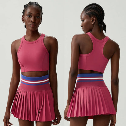 Women Short Sportswear Two Pieces Fitness Yoga Set High Waist Tennis Skirt Crop Top Gym Suit Female Breathable Sportswear