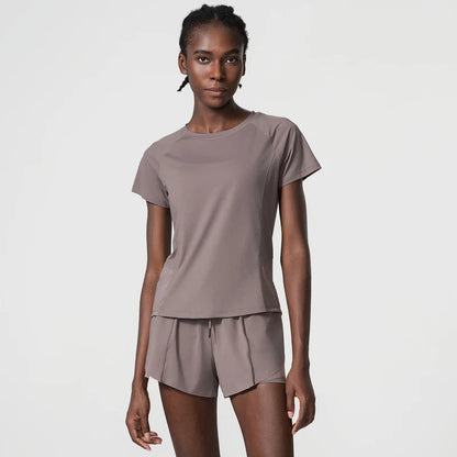 Women Summer Short Sportswear Solid Color Two Pieces Fitness Yoga Set Breathable Quick Dry Gym Suit Loose Workout Clothes