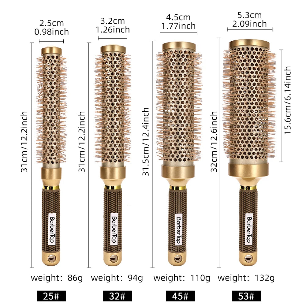 4 Sizes Of Curly Hair Comb Round Hair Comb Wild Boar Mane Hot Air Curly Hair Comb Gold Aluminum Tube Hairdressing Styling Comb