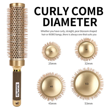 4 Sizes Of Curly Hair Comb Round Hair Comb Wild Boar Mane Hot Air Curly Hair Comb Gold Aluminum Tube Hairdressing Styling Comb