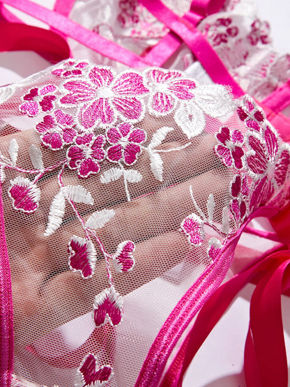 Lady Floral Embroidery Lingerie Set Women Sheer Bra and Brief Underwear Set Satin Sexy Intimates Underwear