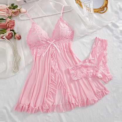A Set Of Tulle Ultra Sexy Nightgown V-neck Bra Open Sleep Skirt Night Erotic Dress Woman Sheer Pajamas Lingerie Pants Luxury kit