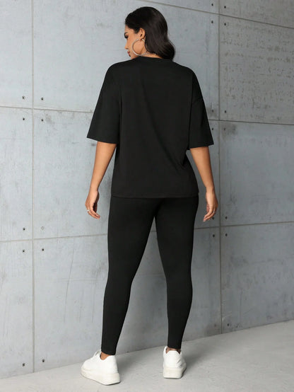 Women's summer fashion all-match Faith letter print loose large size T-shirt leggings two-piece set Short sleeves and long pants