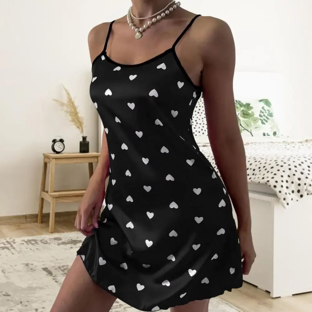 Sexy Women Nightdress Heart Print Pullover Comfortable Satin Smooth Surface Women Nightwear Sleeping Sleepwear