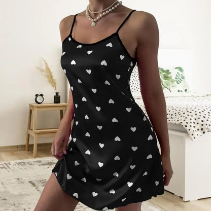 Sexy Women Nightdress Heart Print Pullover Comfortable Satin Smooth Surface Women Nightwear Sleeping Sleepwear