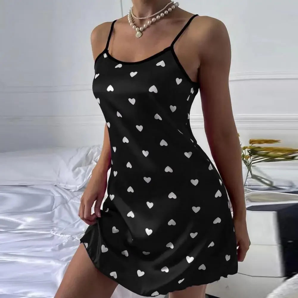 Sexy Women Nightdress Heart Print Pullover Comfortable Satin Smooth Surface Women Nightwear Sleeping Sleepwear