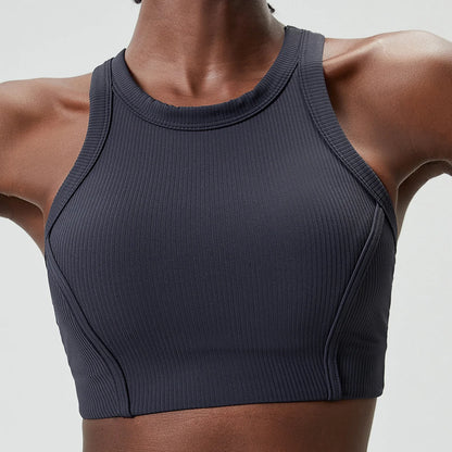 High Impact Fitness Yoga Bra Super Stretch Round Neck Gym Crop Top Ribbed Fabric Sleeveless Running Vest Female Sportswear