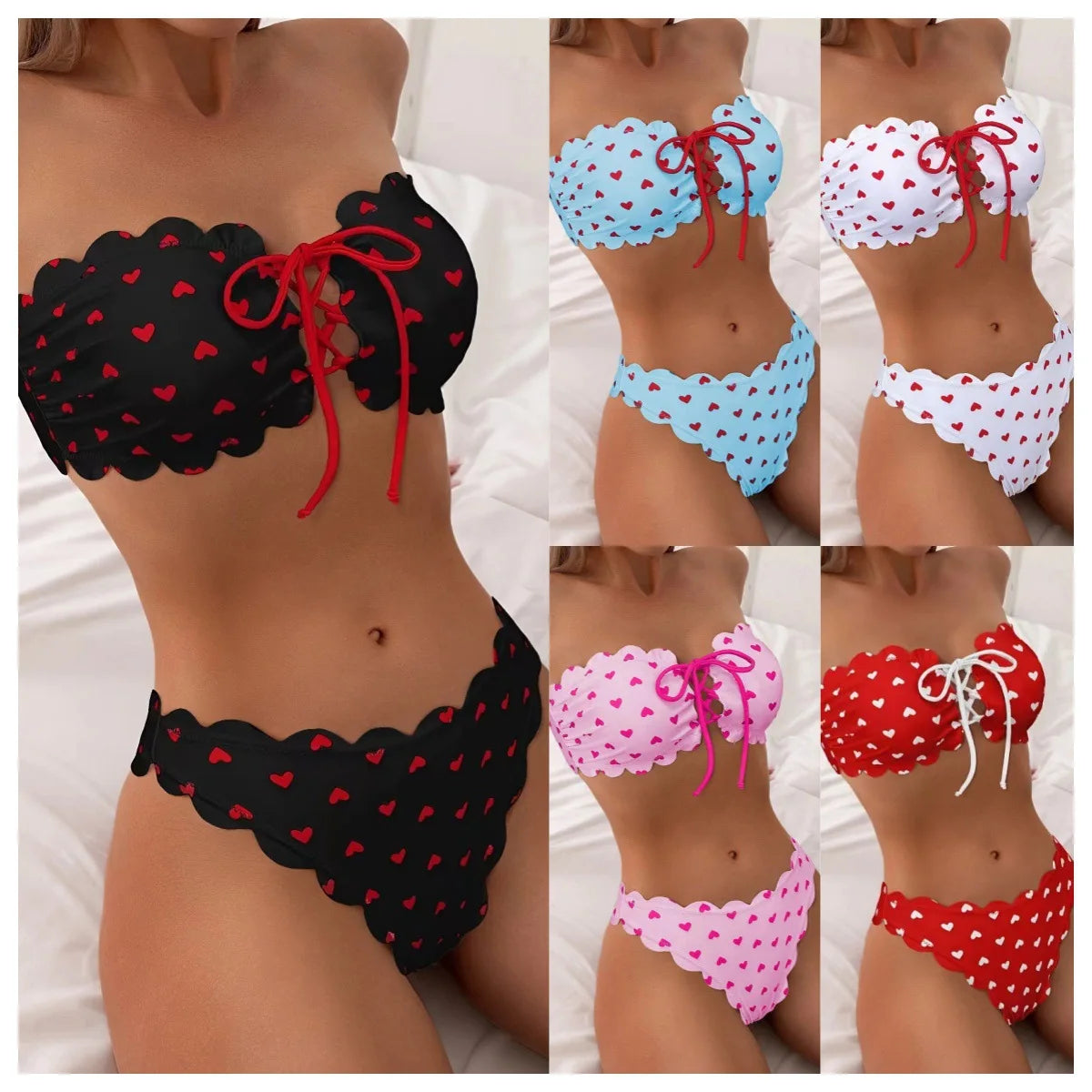 Spotted Swimwear Women 2025 Bandeau Top Bikini Set Bathing Suit Two Piece Swimsuit Swimming Costumes for Woman Biquinis