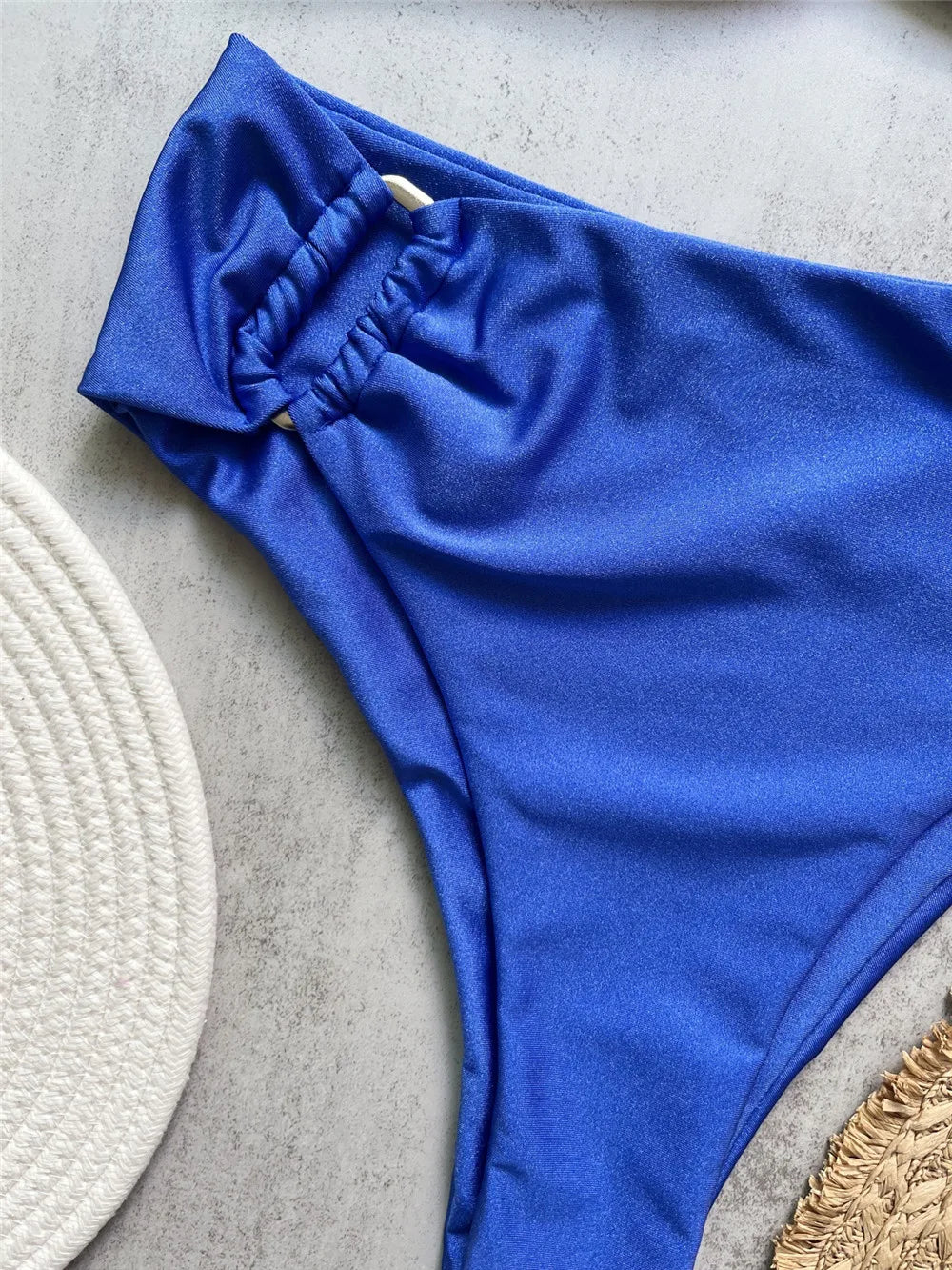 Brown Shiny U Shaped Bikini High Waist Sexy Swimsuit Women 2025 Wrinkled Solid Swimwears Bathing Suit Bandeau Bikinis Sets Mujer