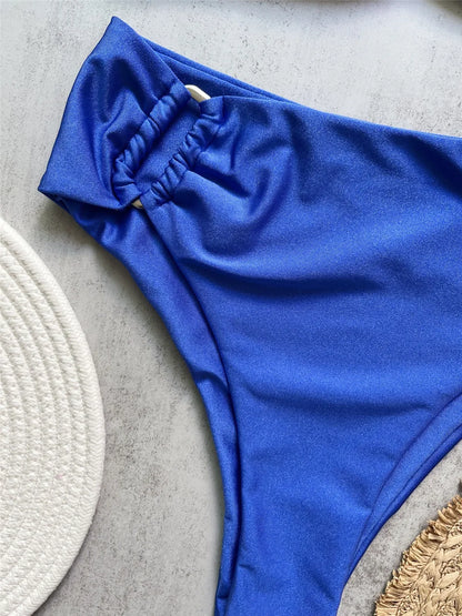 Brown Shiny U Shaped Bikini High Waist Sexy Swimsuit Women 2025 Wrinkled Solid Swimwears Bathing Suit Bandeau Bikinis Sets Mujer