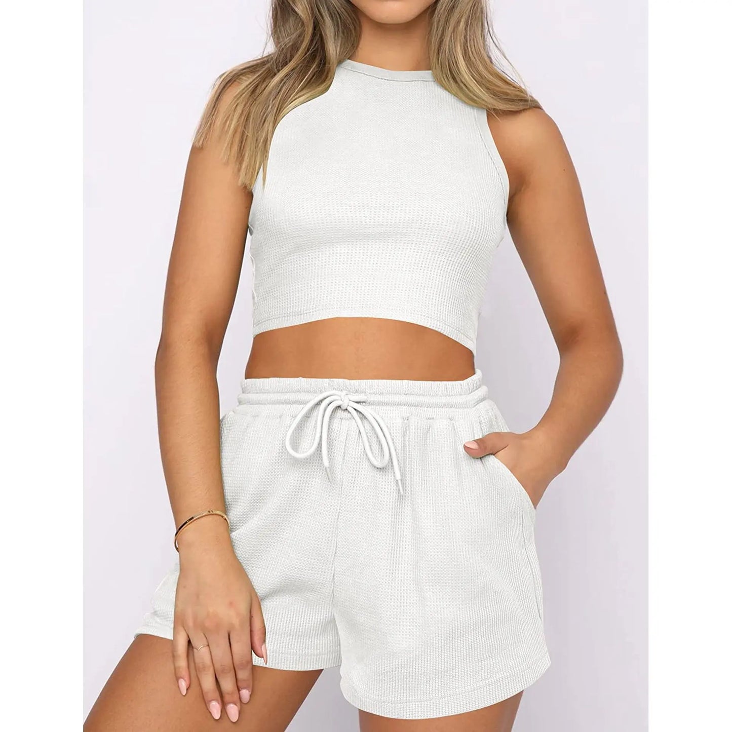 2025 Summer Two Piece Set Women New Fashion Casual Beach Lace Up Elastic Waist Solid Color Sleeveless Vest Crop Tops Short Sets