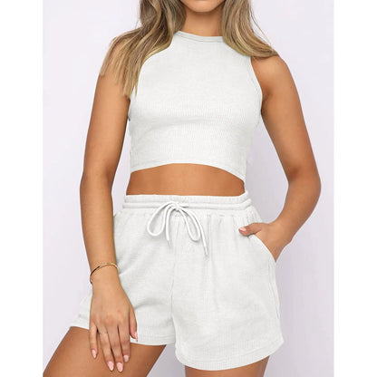2025 Summer Two Piece Set Women New Fashion Casual Beach Lace Up Elastic Waist Solid Color Sleeveless Vest Crop Tops Short Sets