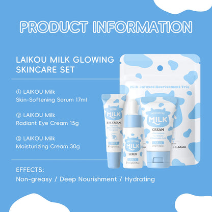 LAIKOU Milk Glowing Trio Set Deep Nourishment Kit Hydrating Skincare Non-Greasy Serum Eye Cream Moisturizer Gift Set