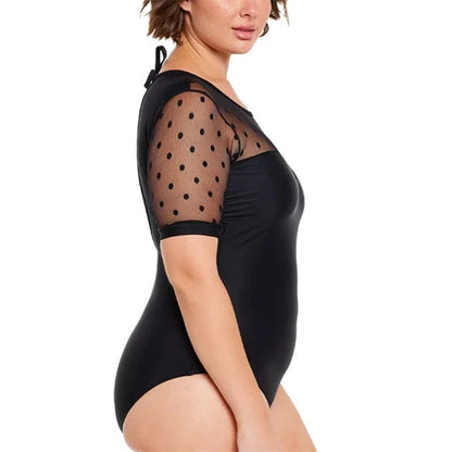 Women's Swimsuit Plus Size One-piece Female Fused Mesh Short Sleeve Beachwear Black Swimwear for Big Breasts Bathing Suit