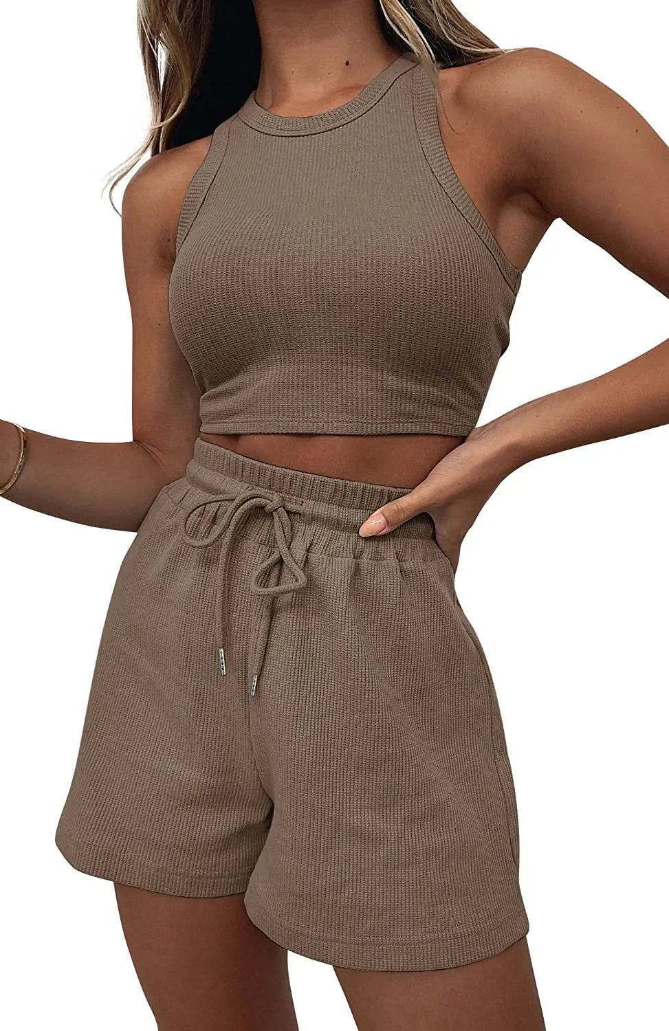 2025 Summer Two Piece Set Women New Fashion Casual Beach Lace Up Elastic Waist Solid Color Sleeveless Vest Crop Tops Short Sets