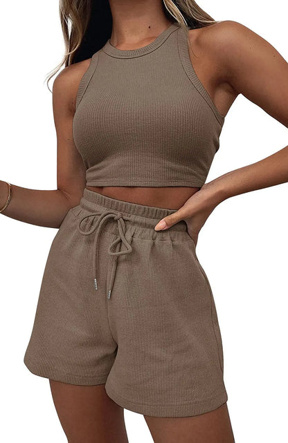 2025 Summer Two Piece Set Women New Fashion Casual Beach Lace Up Elastic Waist Solid Color Sleeveless Vest Crop Tops Short Sets