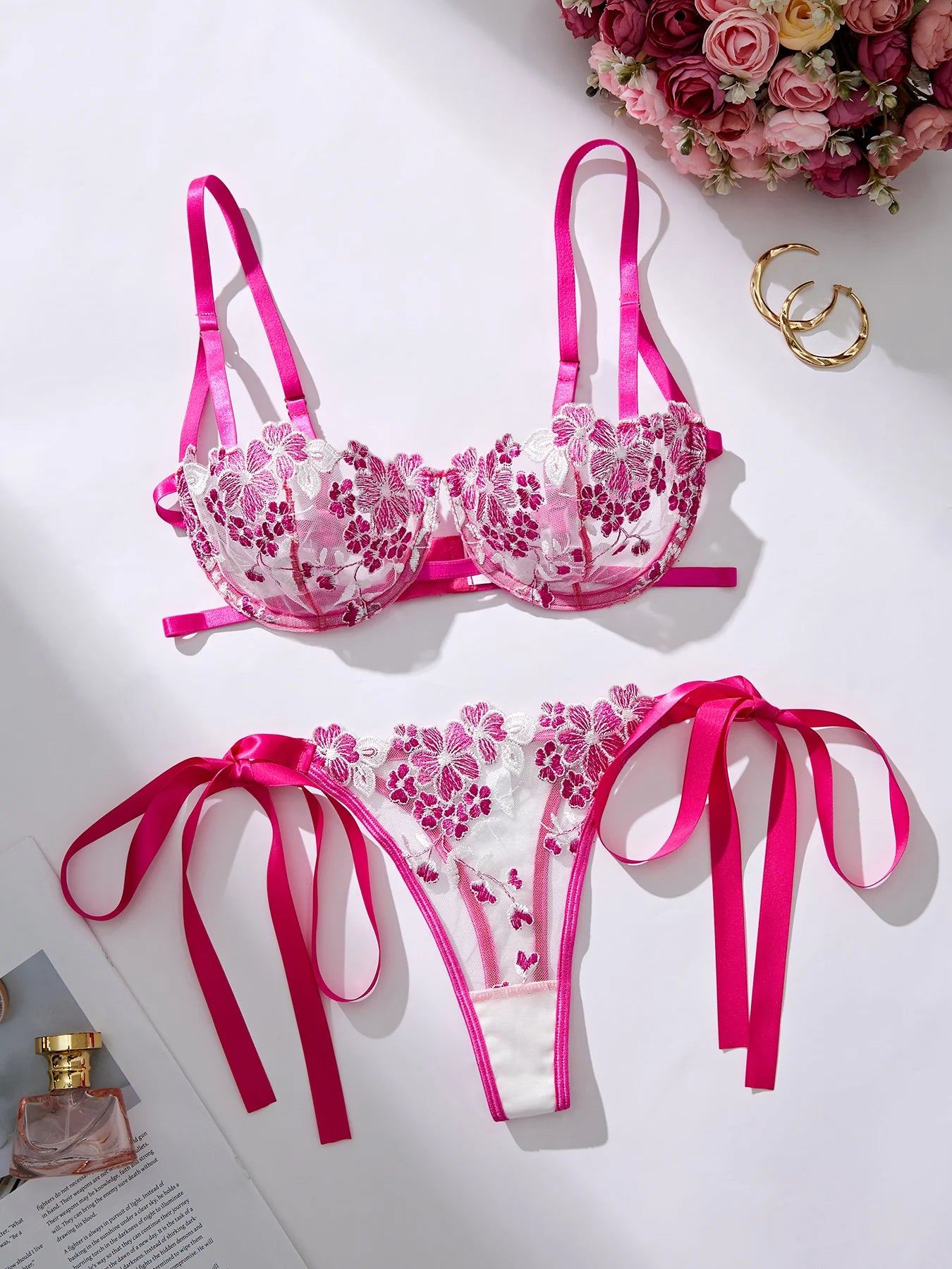 Lady Floral Embroidery Lingerie Set Women Sheer Bra and Brief Underwear Set Satin Sexy Intimates Underwear