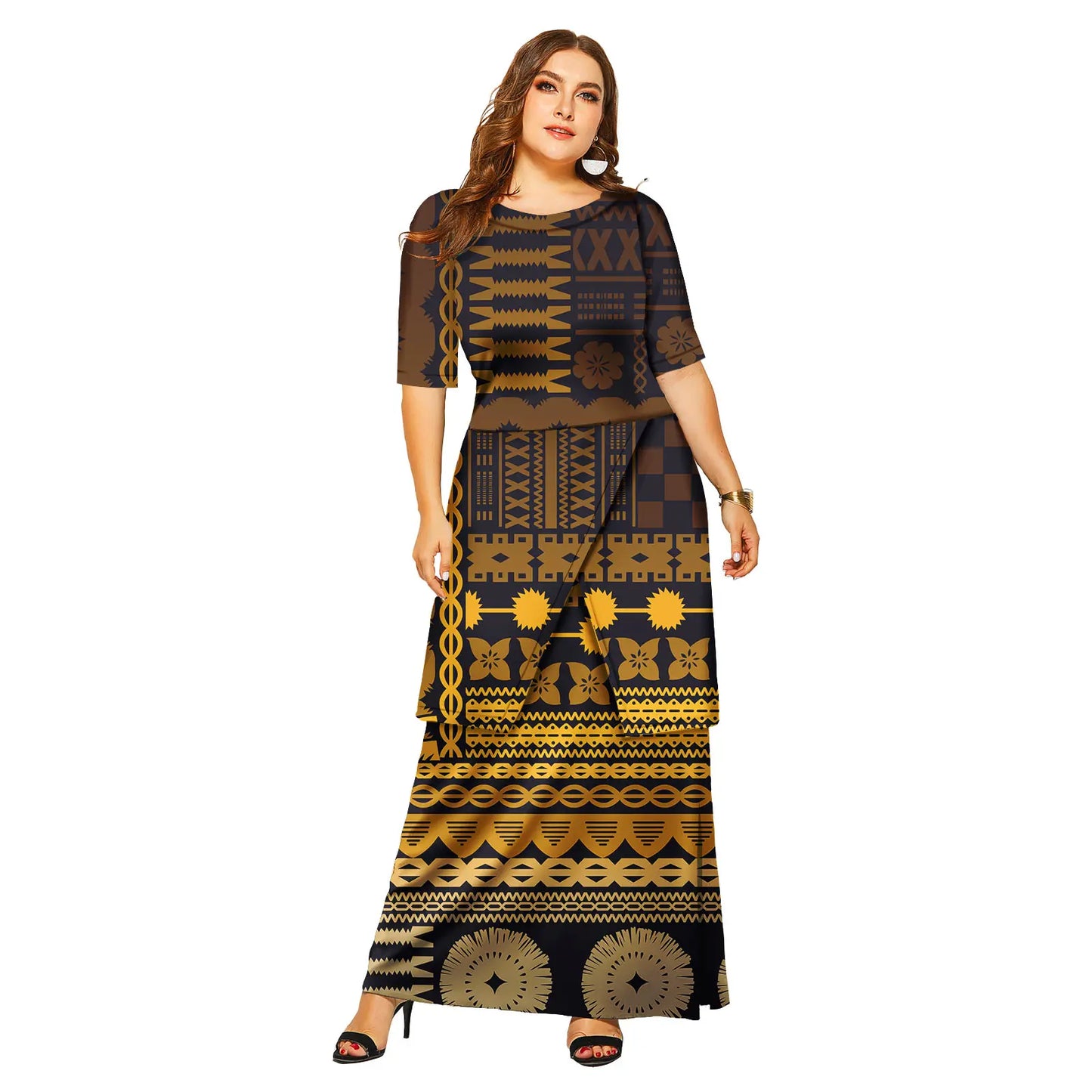Luxury Polynesian Design Puletasi Samoa Fashion Short Sleeve Dress Women Island Dresses Maxi Ladies Two Piece Skirt Set