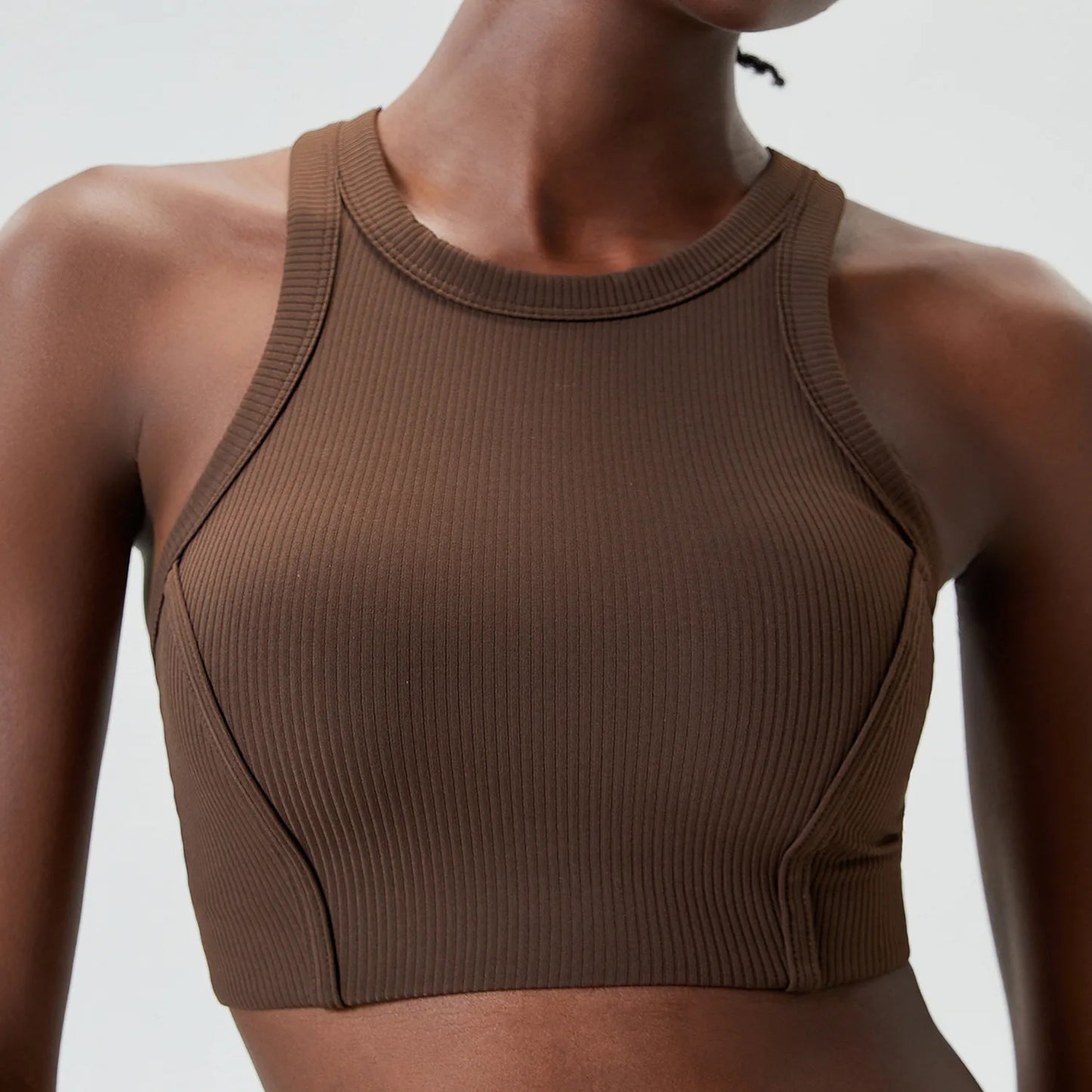 High Impact Fitness Yoga Bra Super Stretch Round Neck Gym Crop Top Ribbed Fabric Sleeveless Running Vest Female Sportswear