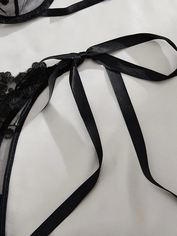 Lady Floral Embroidery Lingerie Set Women Sheer Bra and Brief Underwear Set Satin Sexy Intimates Underwear