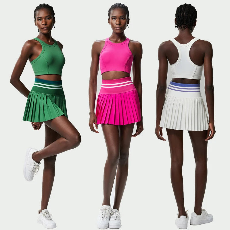 Women Short Sportswear Two Pieces Fitness Yoga Set High Waist Tennis Skirt Crop Top Gym Suit Female Breathable Sportswear