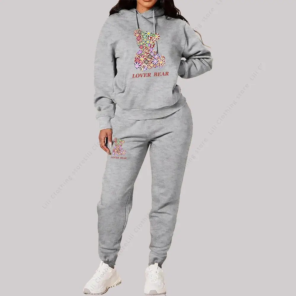 Women's Sets Hoodies Pants Outfits Suit 2025 New Sportswear Sweatsuit Bear Graphic Letter Print Aesthetic Trend Ladies Tracksuit