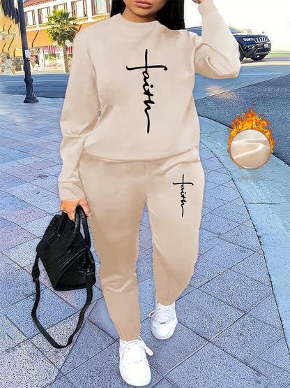 Women's autumn and winter hip-hop casual street cross graphic printed round neck sports shirt+sports pants set warm clothing