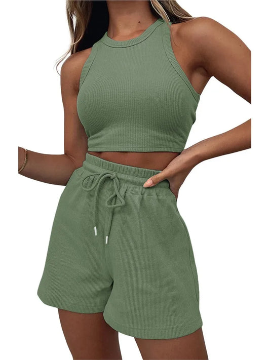 2025 Summer Two Piece Set Women New Fashion Casual Beach Lace Up Elastic Waist Solid Color Sleeveless Vest Crop Tops Short Sets