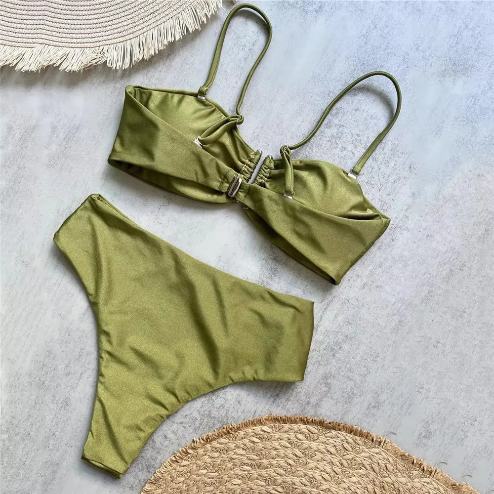 Brown Shiny U Shaped Bikini High Waist Sexy Swimsuit Women 2025 Wrinkled Solid Swimwears Bathing Suit Bandeau Bikinis Sets Mujer