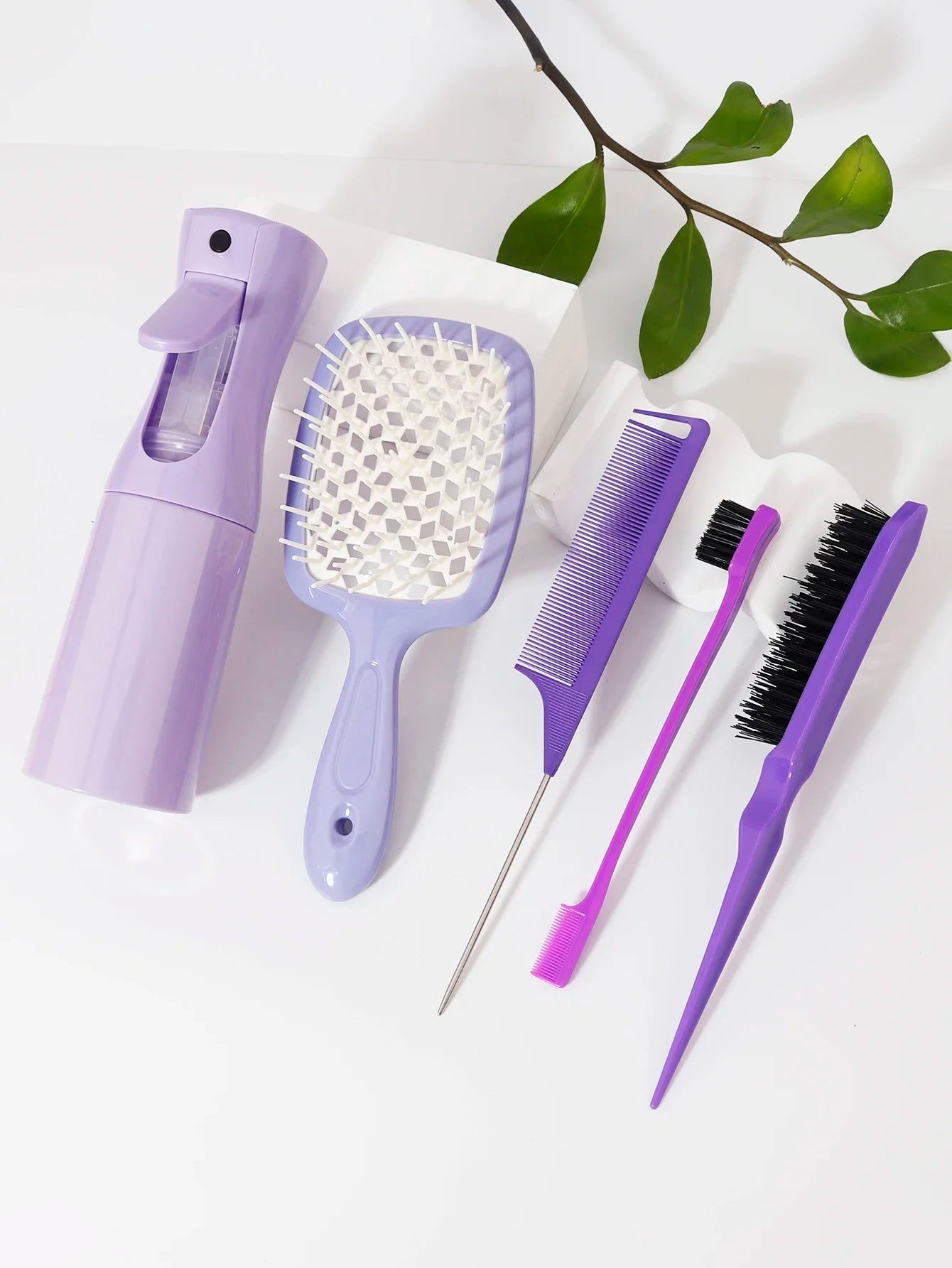 5pcs Hair Tool Set Air Cushion Hollow Comb Scalp Massage Rat Tail Comb Teasing Comb Edge Control Brush Hair Spray Bottle Salon