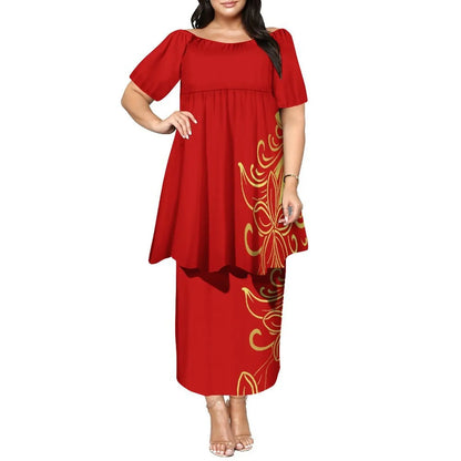 Newly Designed Women'S Round-Neck Top And Fitted Long Dress Polynesian Island-Style Pattern Pacific Puletasi Suit